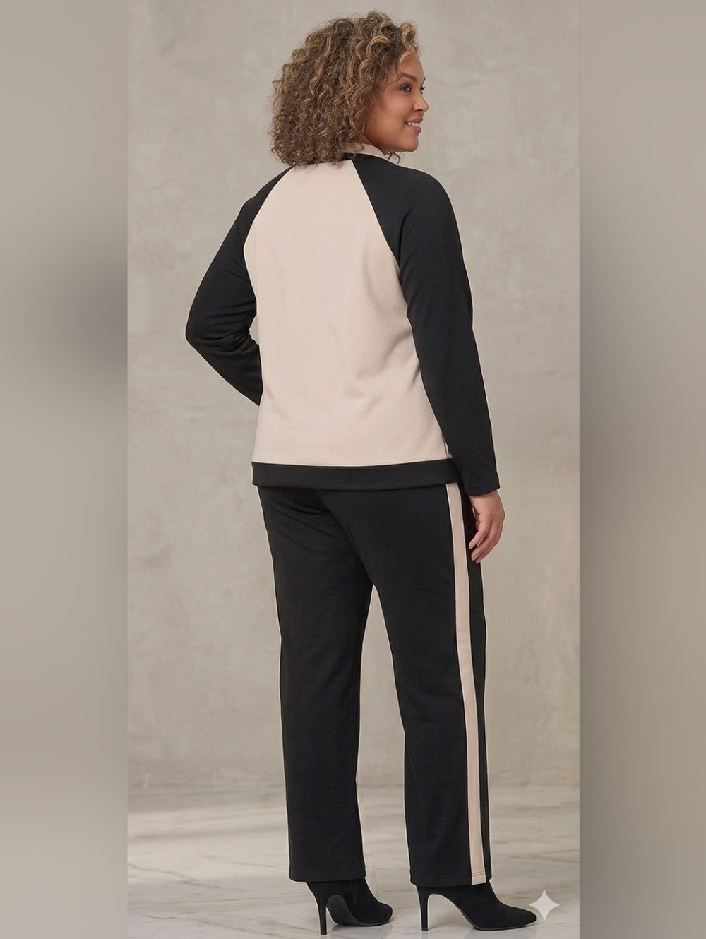 Monroe & Maine Women's Cream/Blk Colorblock Zip Up Tracksuit Athleisure Sz Large - Picture 10 of 12